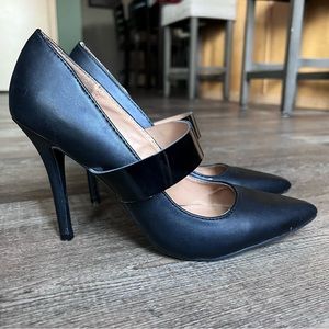 Black Stiletto Pointy Toe Heels with Patent Leather Mary Jane Strap
